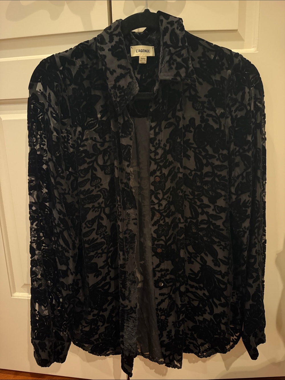 L'AGENCE Black Sheer Flocked Floral Button-Down Blouse